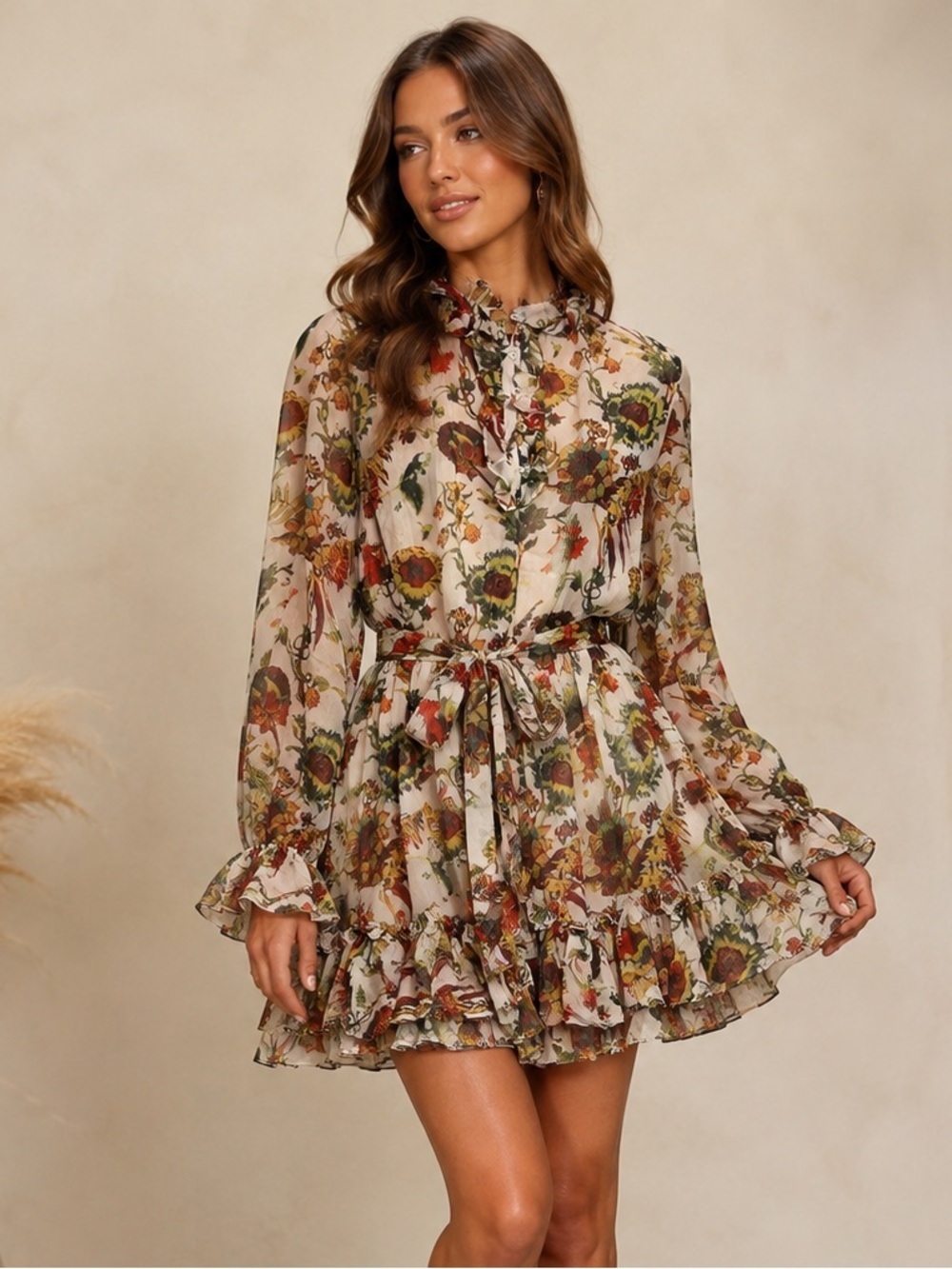 Halfheart  NWT Floral Ruffle Belted Mini Dress Long Sleeve Boho